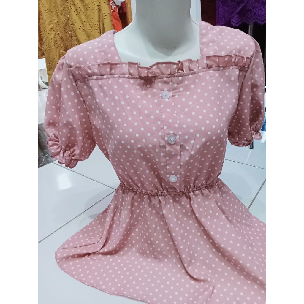 sale baju blouse wanita bahan crinkel dan tisu warna fanta krem pink tosca biru motif polos polkadot