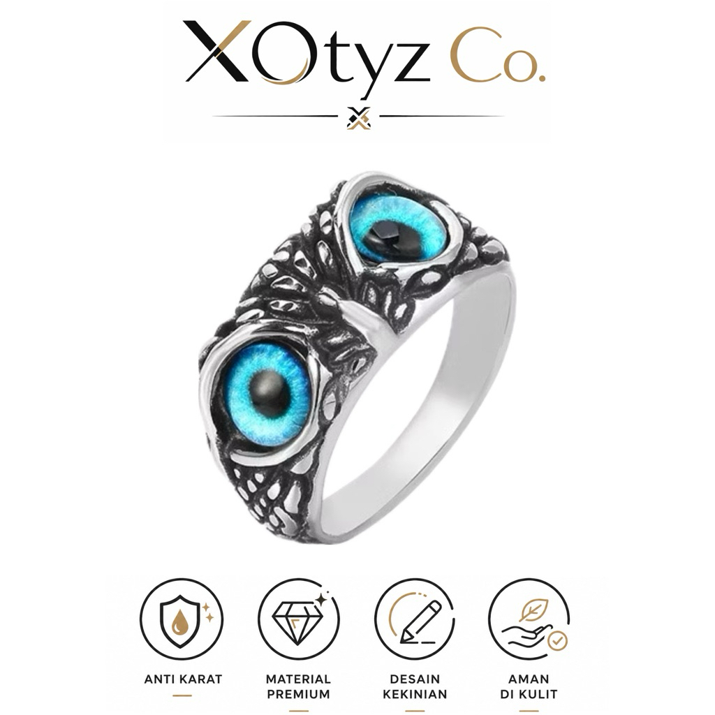 Cincin Retro Blue Eye Owl | Cincin Burung Hantu Mata Biru | Cincin Pria Wanita Unisex | Cincin Keren