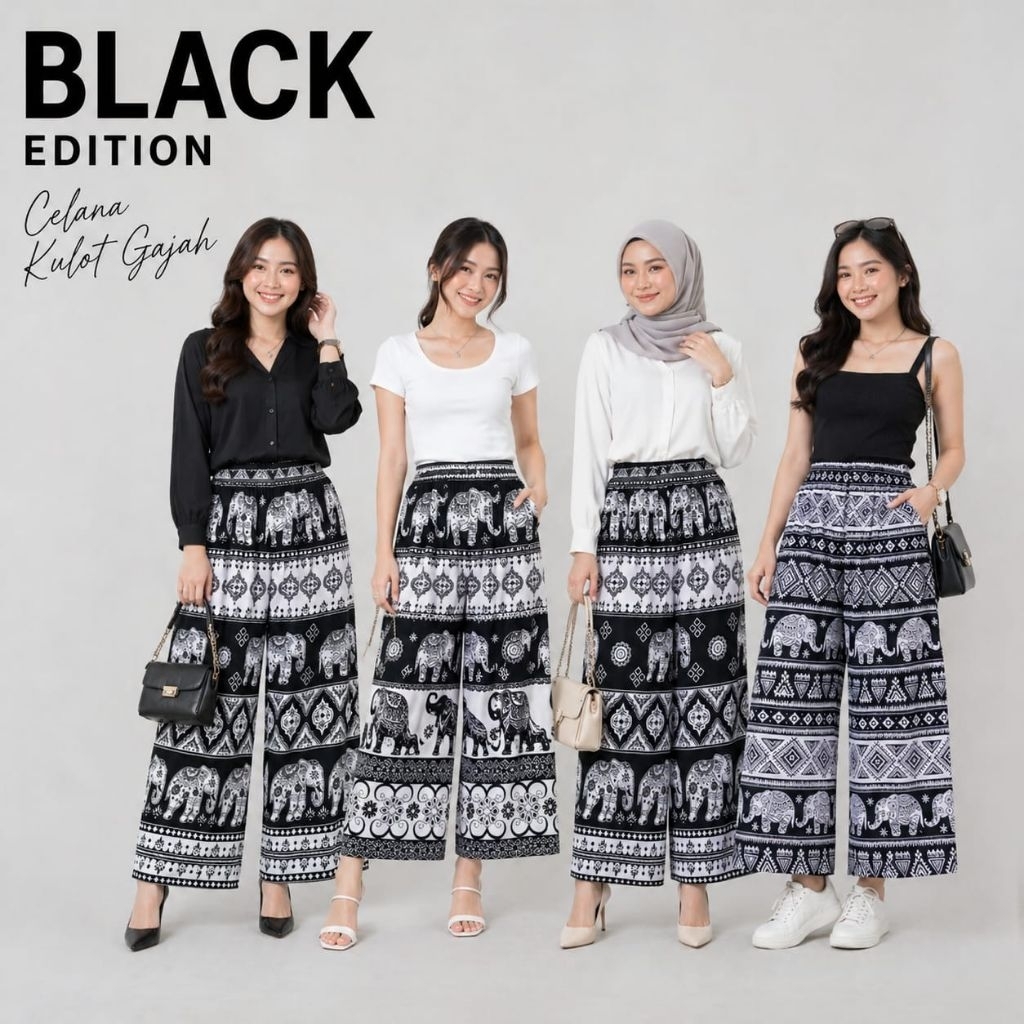 Celana Kulot Unisex Jumbo Motif Gajah Thailand Bahan Rayon