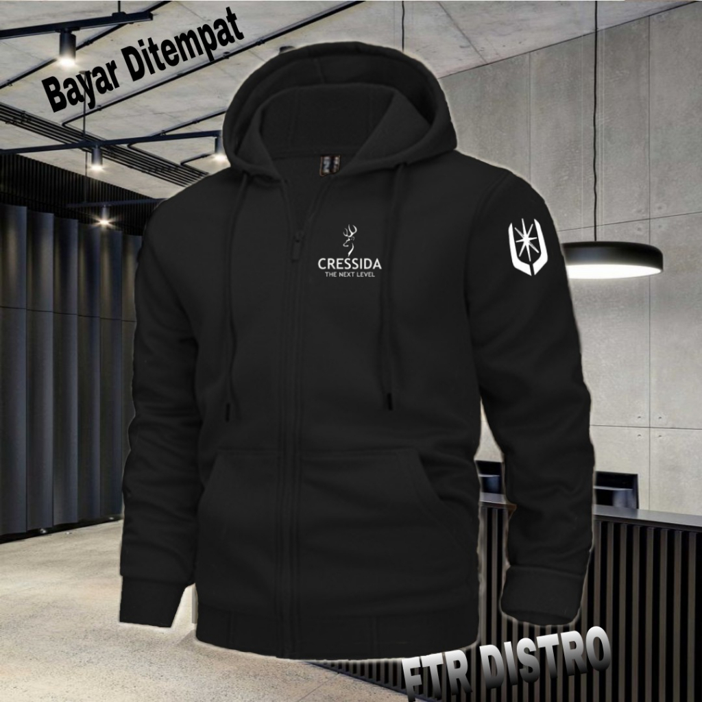 (COD) Jaket Resleting Distro Cressida+ Lengan Text Putih Jaket Pria Wanita Terkeren Jaket Denim Dist