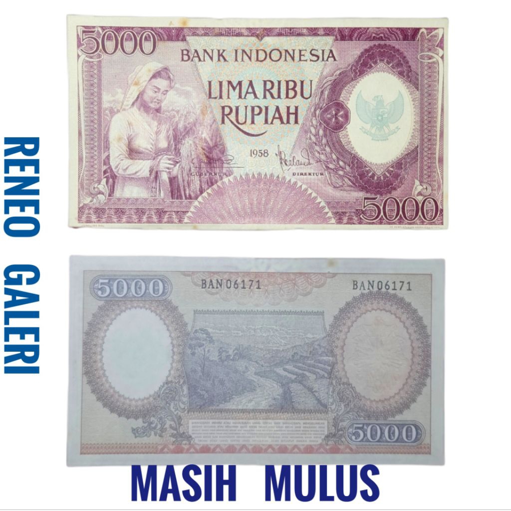 Mulus asli 5000 Rupiah Seri Pekerja Violet Tahun 1958 Rp 5.000 Uang Kertas kuno duit lama Indonesia 