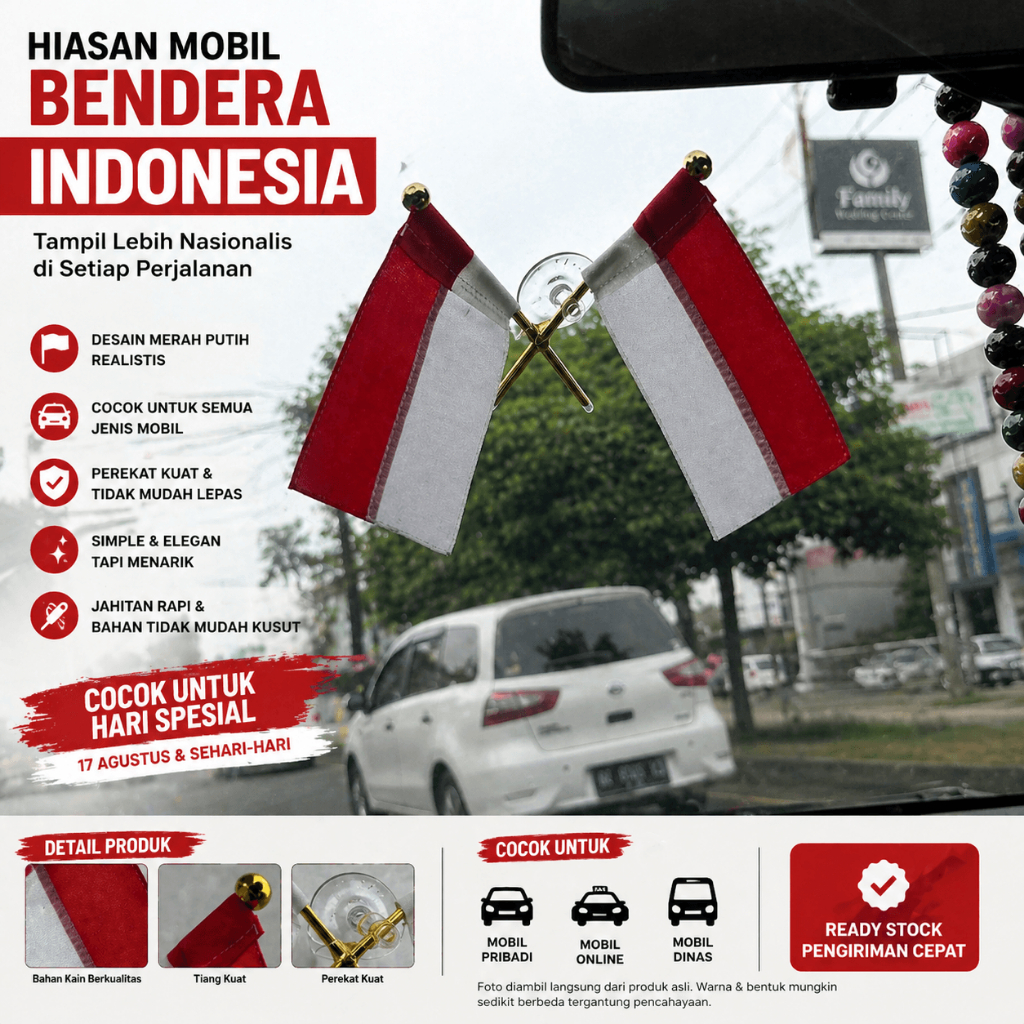 Bendera Mobil Kecil Pajangan Bendera Merah Putih Tempel Cop Kaca Mobil - Bendera Merah Putih Kaca Mo