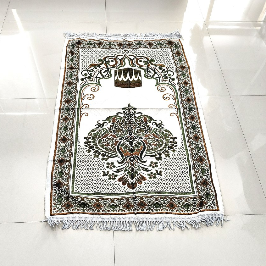 (MICHRAVE) Sajadah Polikatun Tipis Al-Yustan Warna Putih Rumbai Kepang Mudah Dilipat uk.70x110