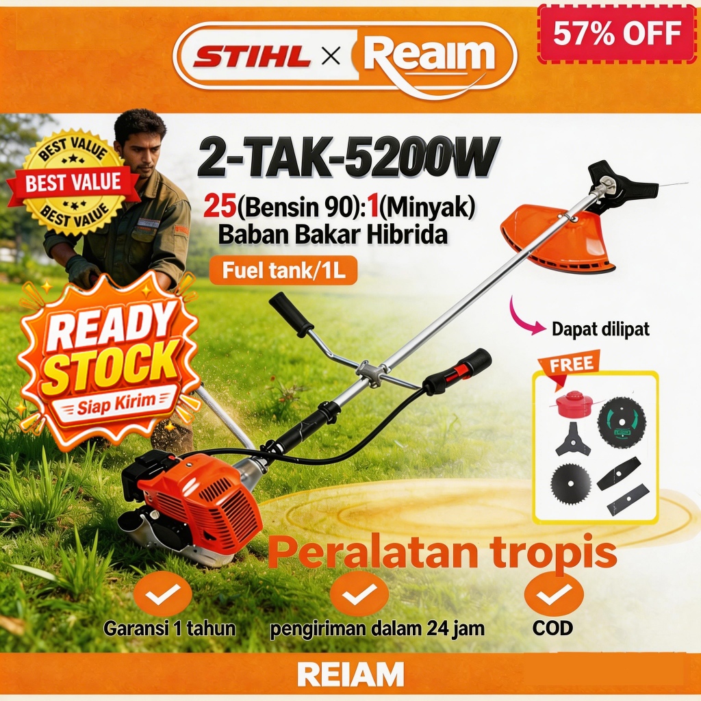 REAIM x STIHL Mesin Potong Rumput 5200W Arit rumput 2 Tak/4 Tak Pemotong Rumput 52CC
