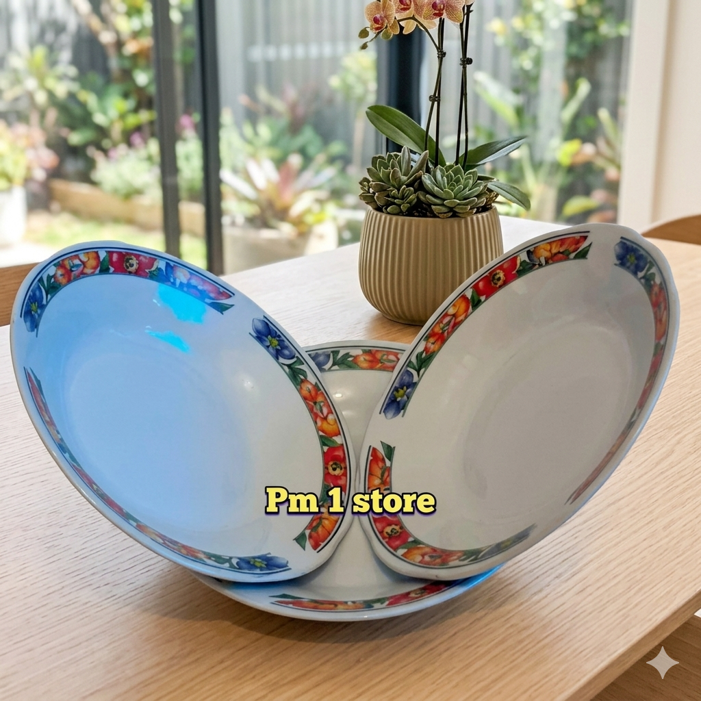 6Pcs Piring Makan Keramik Motif Kembang - Piring putih - Piring rumah makan