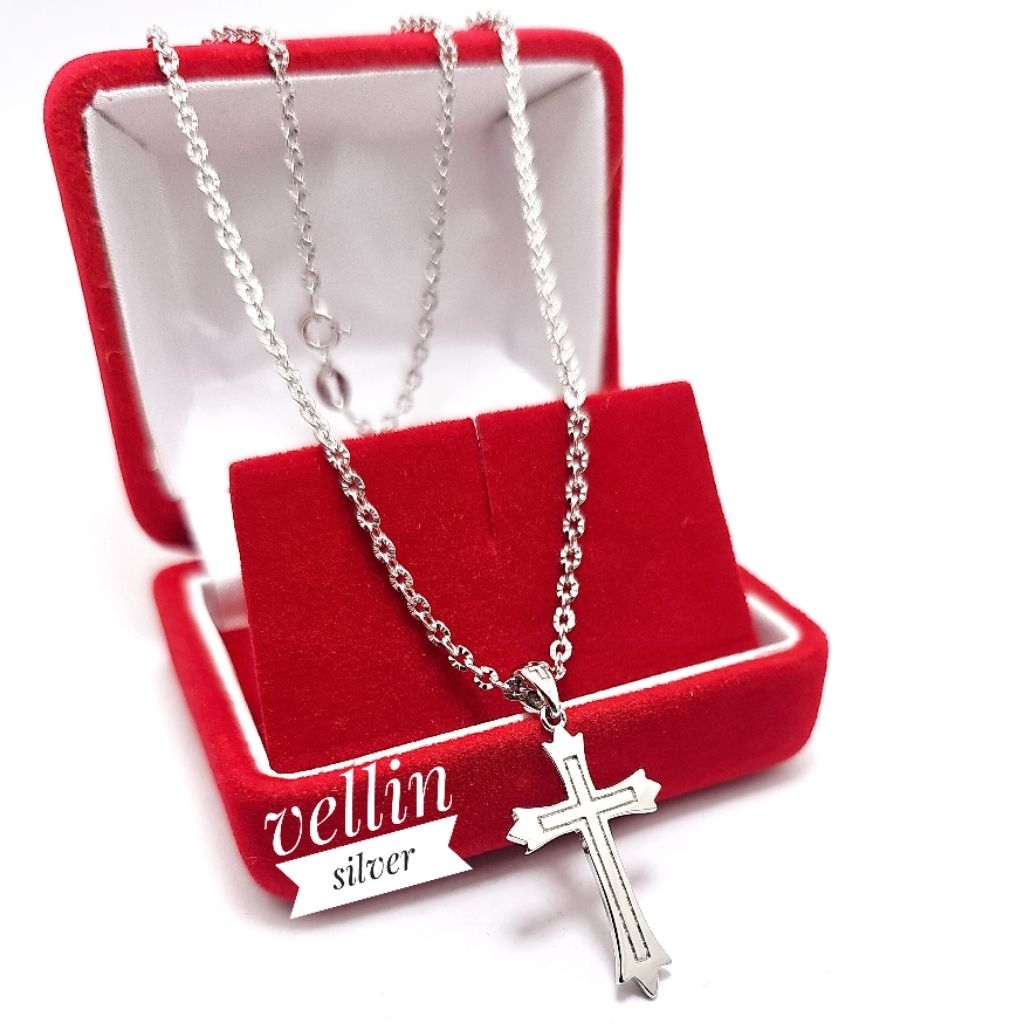Kalung Nori Ukir & Liontin Salib Silver 925 Lapis Emas Putih - Kalung Liontin Salib Perak Asli 925 A