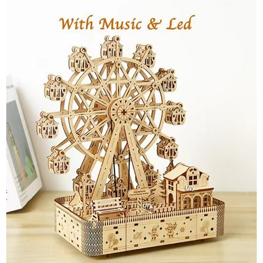 Mainan Edukasi DIY Kayu Wooden Puzzle 3D Mechanical Kit Music Box Lamp Led