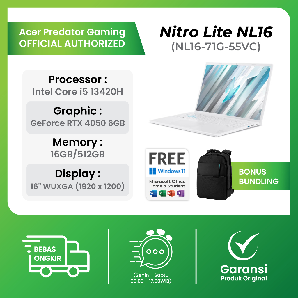 Acer Nitro Lite NL16-71G-55VC RTX4050 6GB Intel Core i5 13420H 16GB 512GB Windows 11+Office 16.0 WUX