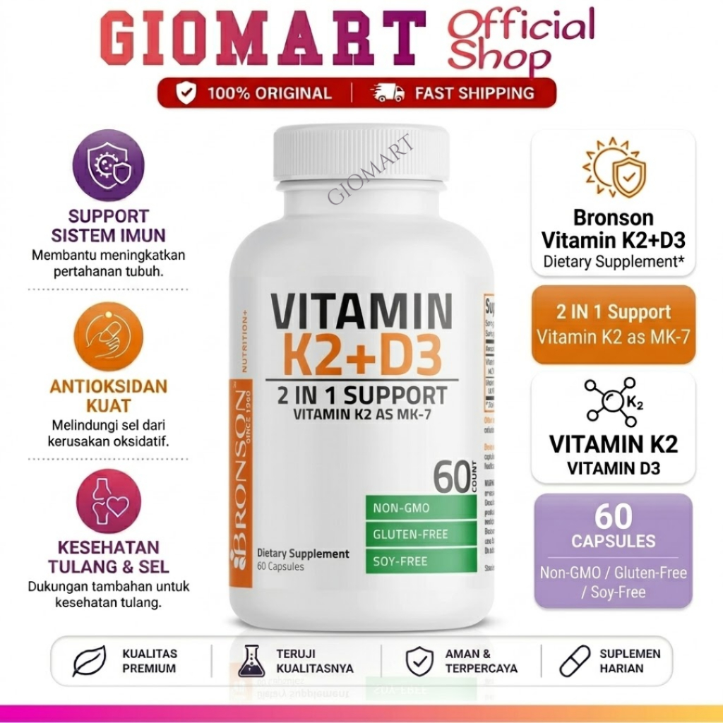 BRONSON Vitamin K2 MK-7 + D3 (5000 IU / 90 mcg) - Suplemen Tulang & Jantung - Vit K2 D3 MK7 - Origin