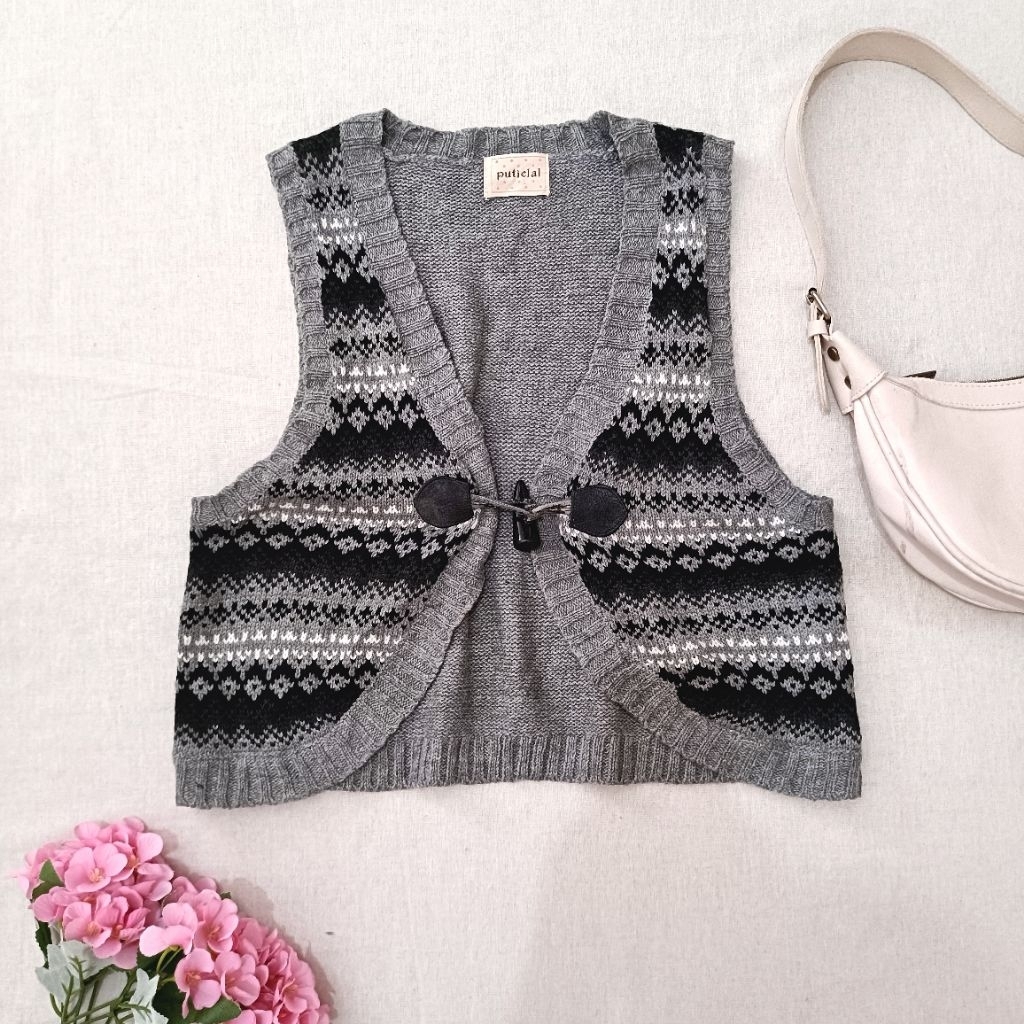 Vest Rajut Wanita Putielal Abu Motif Nordic | Knit Vest Vintage Korea