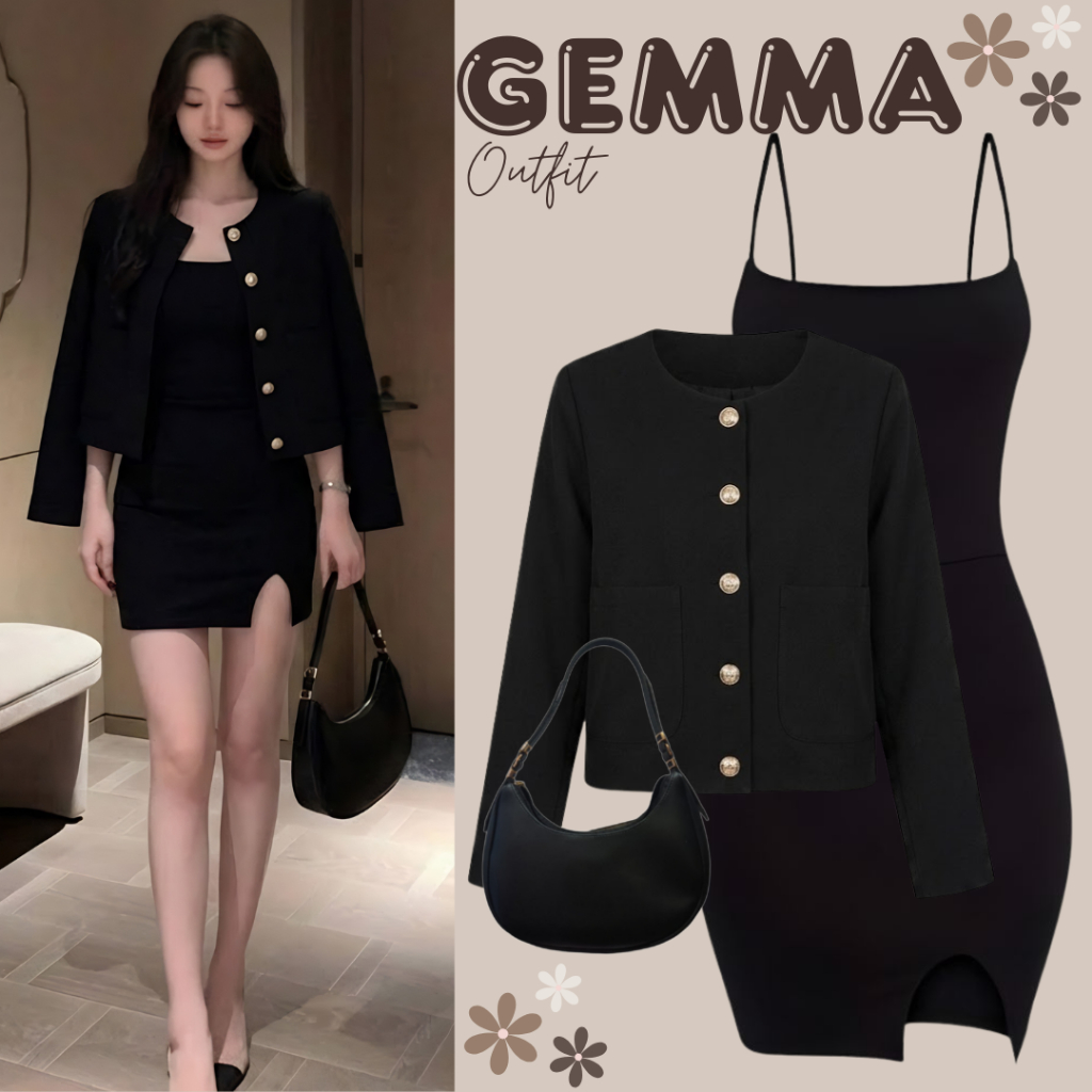 ONESET Best Seller Wanita 3IN1 Black Elegant | Dress + Blazer + Tas | Setelan Premium Dinner/Night D