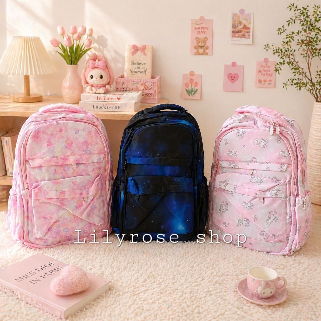 Tas ransel sekolah 17 inci HSD64018 HELLO KITTY GALAXY LOVE PINK