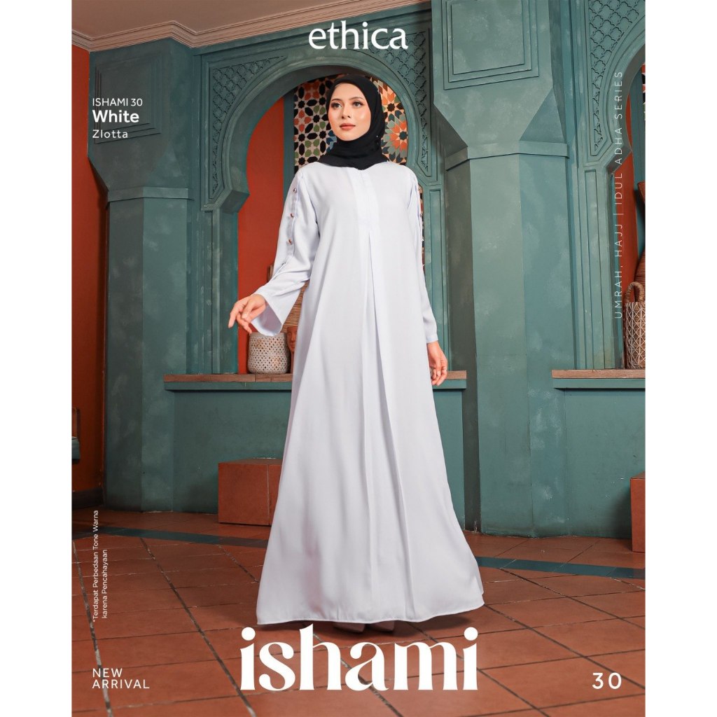 Ethica Gamis Terbaru Ishami 30 Haji Umroh Series Bahan Lamamba Warna White Black Pink Green Grey