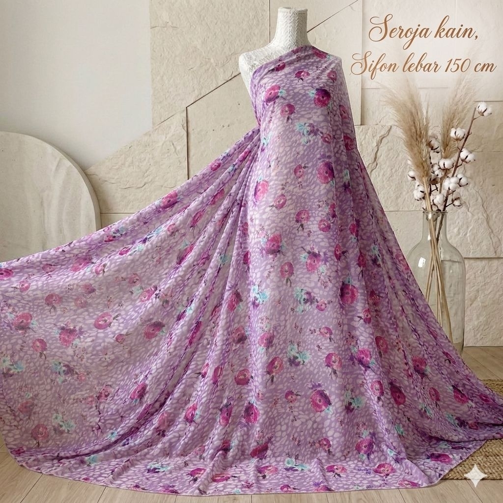 Kain Sifon Ceruty Motif Bunga Ungu Pastel - Lebar 150 cm Aj