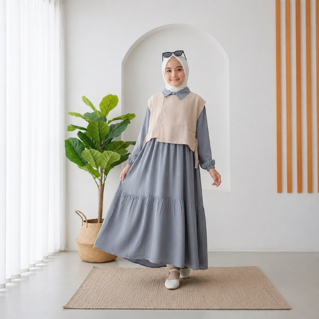 Raya Vest Gamis Anak Perempuan Set Rompi (Usia 3 - 15 tahun) Bahan Rayon twill Adem dan nyaman