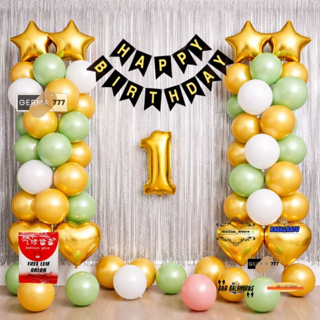 Dekorasi Warna Balon Gold Putih Hijau Set pesta Ulang Tahun Anak Tirai Foil Hbd Silver Simple