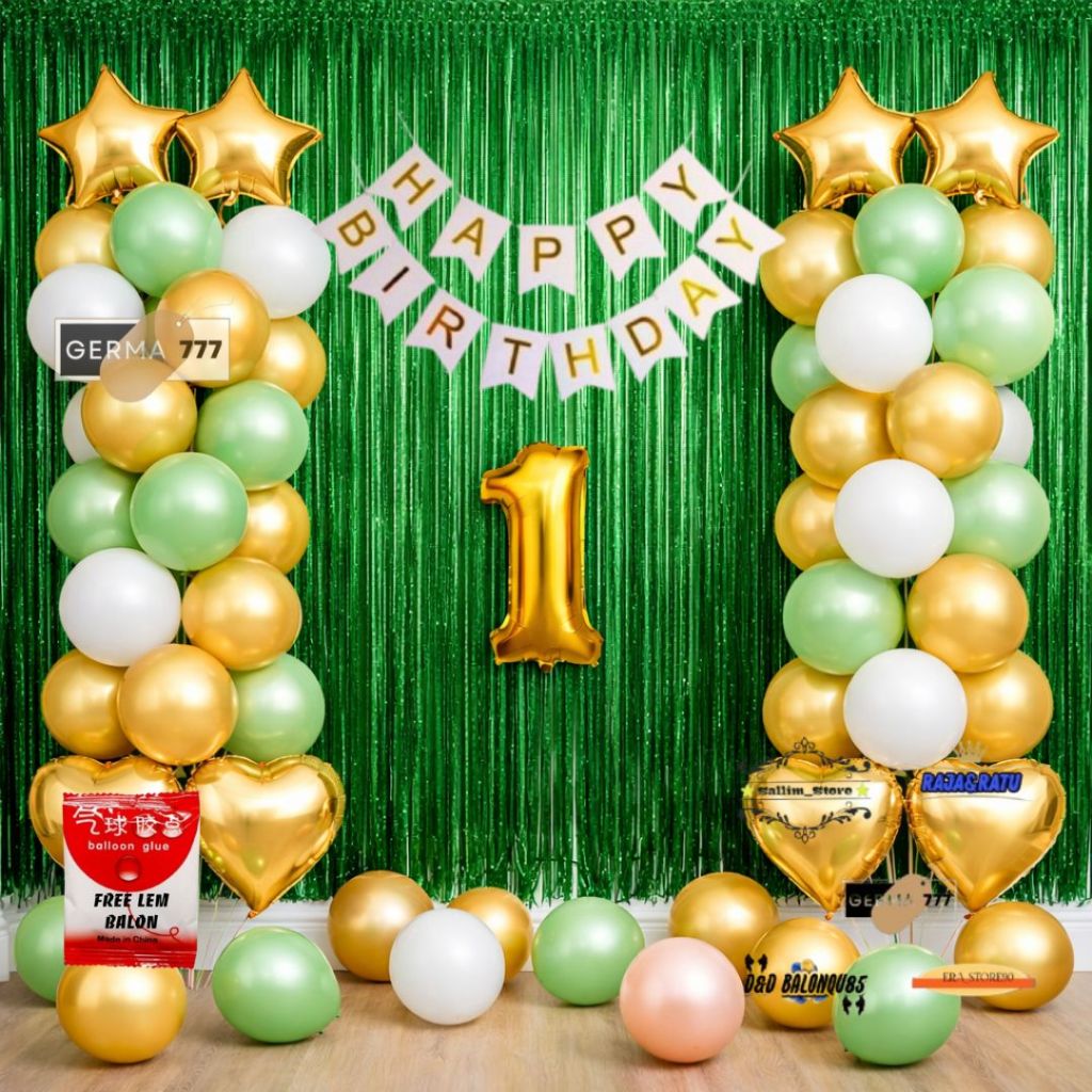 Dekorasi Warna Balon Gold Putih Hijau Set pesta Ulang Tahun Anak Tirai Foil Hbd Hijau Simple