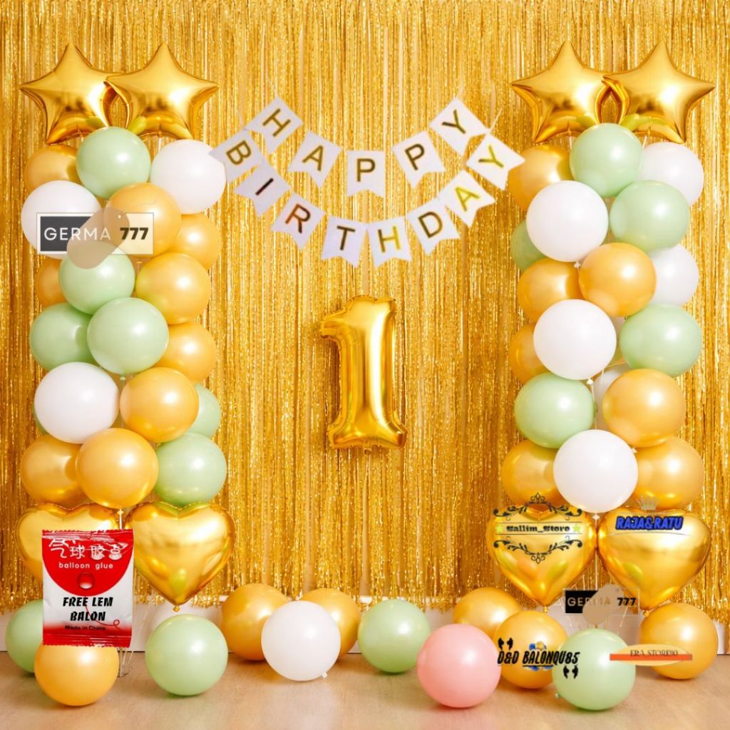 Dekorasi Warna Balon Gold Putih Hijau Set pesta Ulang Tahun Anak Tirai Foil Hbd Gold Simple