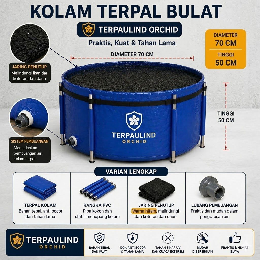 Kolam terpal bulat Diameter 70 Cm tinggi 50 Cm full set untuk ikan lele koi hias merk orchid