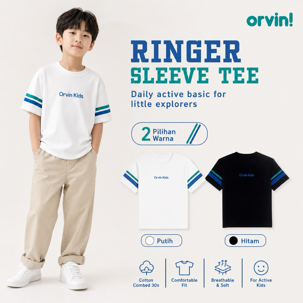 OrvinKids Kaos Anak Regular Ringer Sleeve Tee Black n White