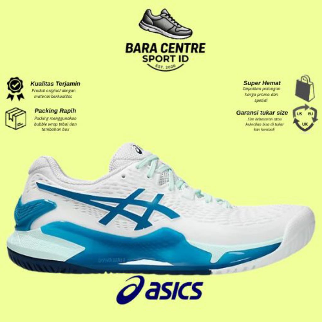 Asics Sepatu Padel Or Tenis Gel-Resolution 9 Wide White Teal Blue (All Court)