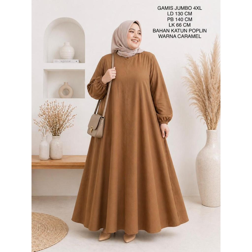 Gamis Jumbo Ld 130 -135 Cm Model Polos Bahan Katun Poplin - Adena Dress