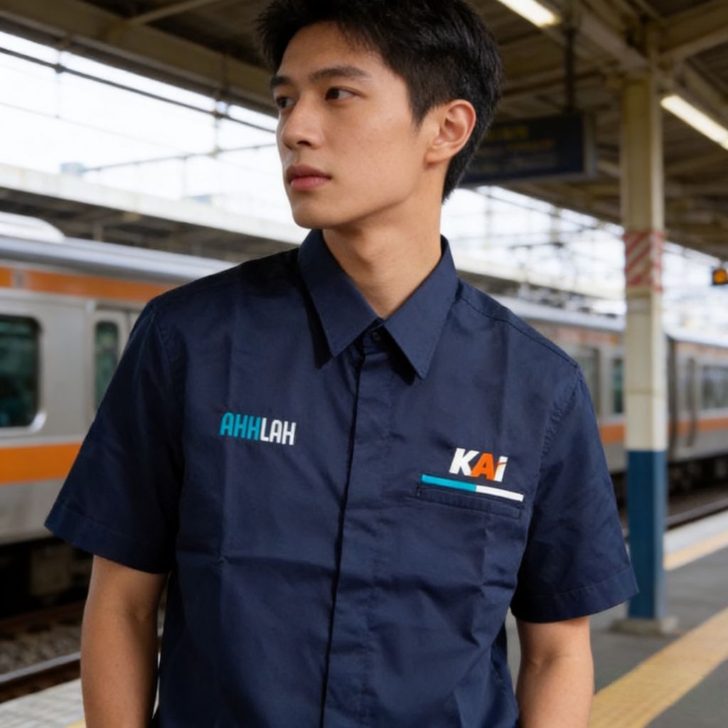 KEMEJA BORDIR KAI BUMN AKHLAK BIRU NAVY  BAJU SERAGAM KAI KEMEJA BUMN BIRU NAVY