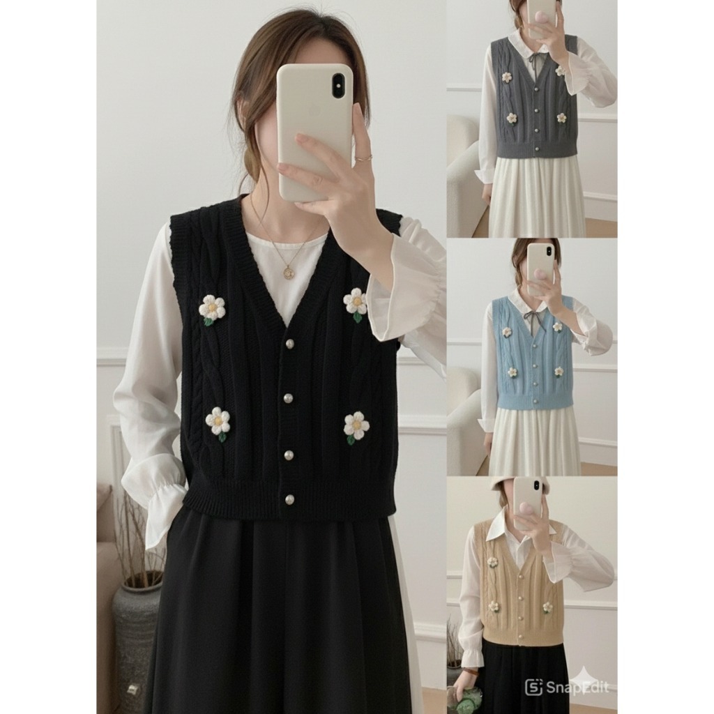 Vest Rajut YZ Vest Rajut Pita Korean Style #2313 Rajut Vest Wanita Mix Kemeja Polos Putih LD 96 cm S