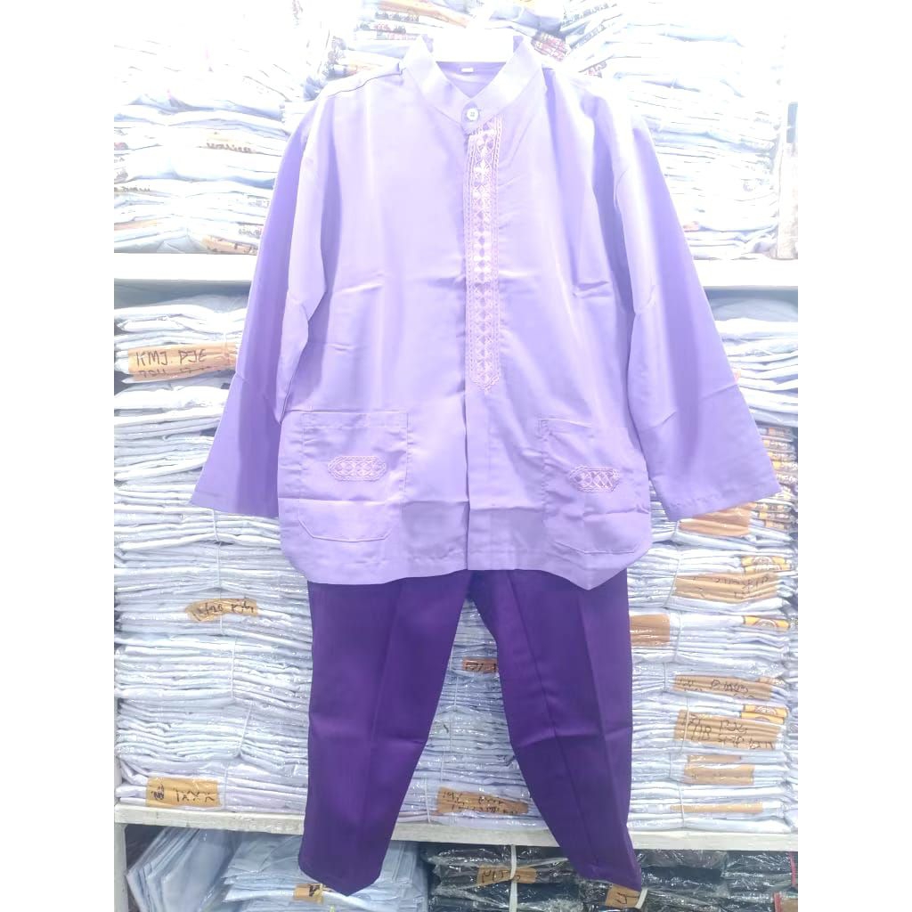 stelan anak SD baju Koko ungu celana ungu famatek