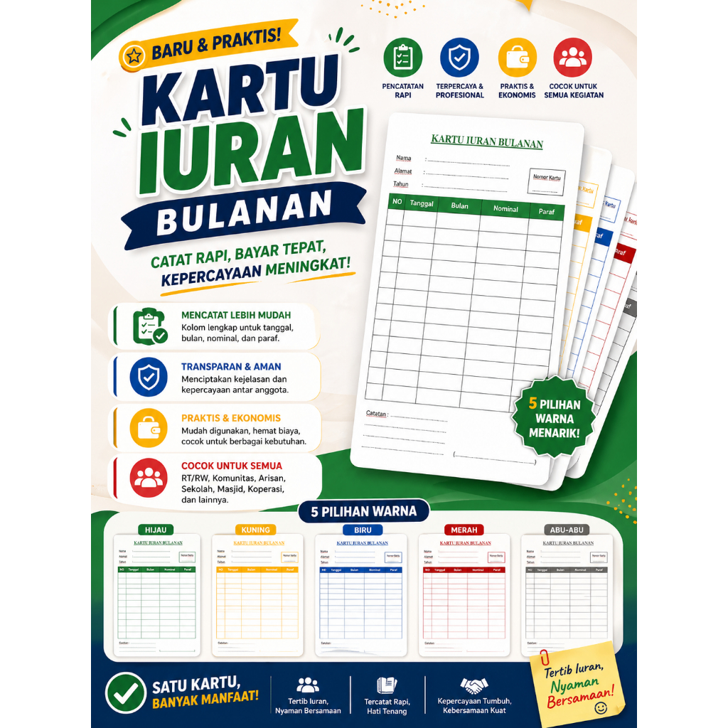 ISI 25 PCS Kartu Iuran Bulanan Serbaguna – RT, Arisan, Sekolah, Komunitas
