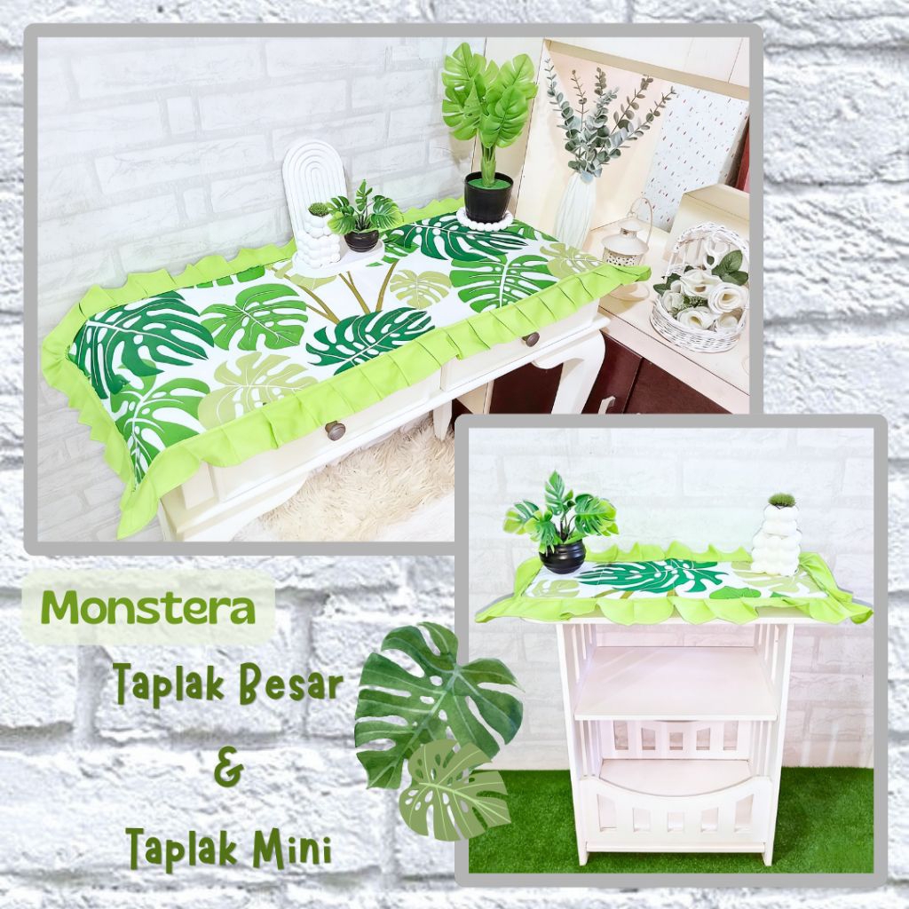 READY Set 2 Taplak Meja Minimalis Daun Monstera / Taplak Tropical Aesthetic  Hijau Putih / Alas Meja