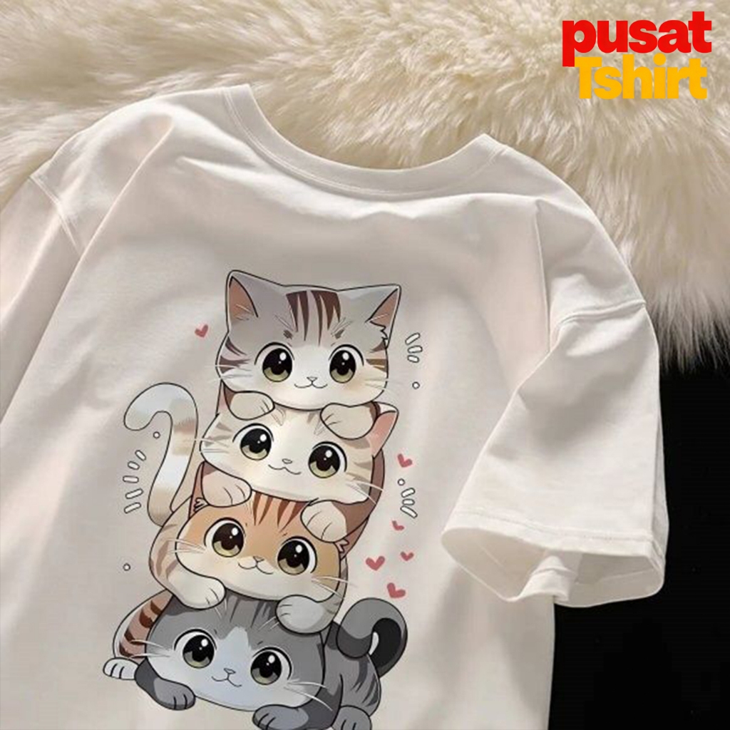 Kaos Distro Wanita/Pria Dewasa Motif Kucing Kartun Depan Belakang Baju Santai Trend Aesthetic COD