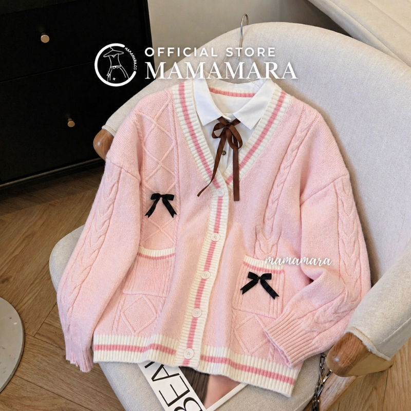 MAMAMARA - Cardigan Ribbon Pita Coquette Atasan Wanita Lengan Panjang Longsleeve Baju Oversize Besar