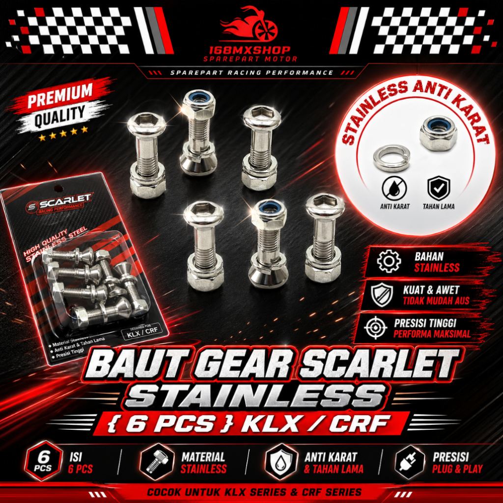 Baut Gear Stainless {ISI 6 PCS} KLX/CRF "Original Scarlet" Baut Gear Belakang Baud Gir Motor CRF KLX