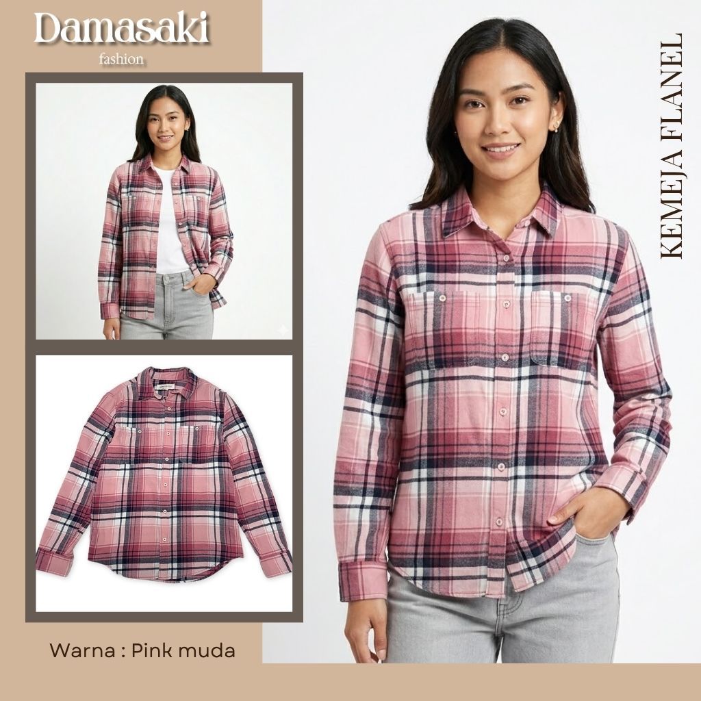 Damasaki Kemeja Flanel Wanita Long Sleeve Plaid Pink Muda Flannel Button-Down Shirt