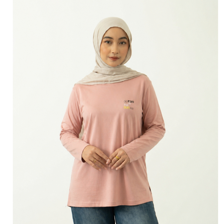 SEKIDO - Fun Kaos Wanita Lengan Panjang Warna Hitam dan Dusty Pink