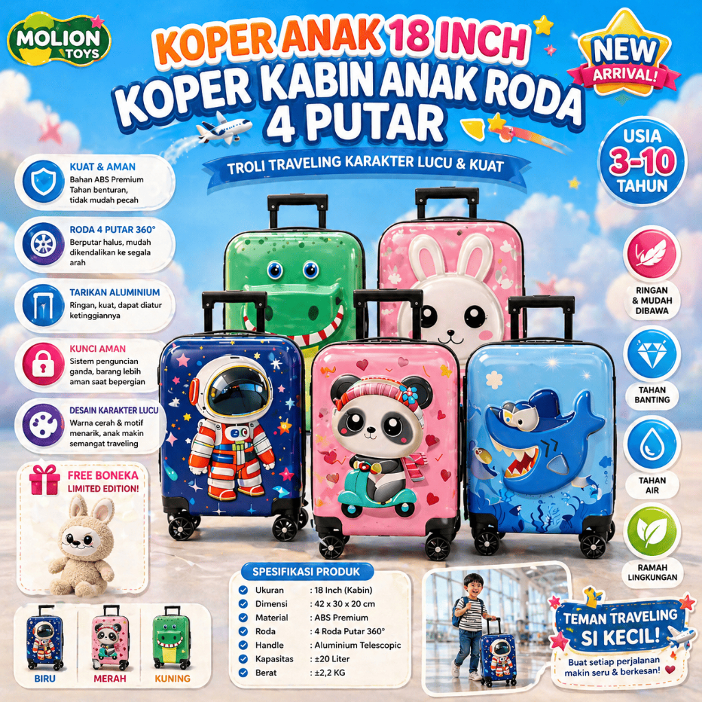 Koper Anak 18 Inch– Koper Kabin Anak Roda 4 Putar, Troli Traveling Karakter Lucu & Kuat