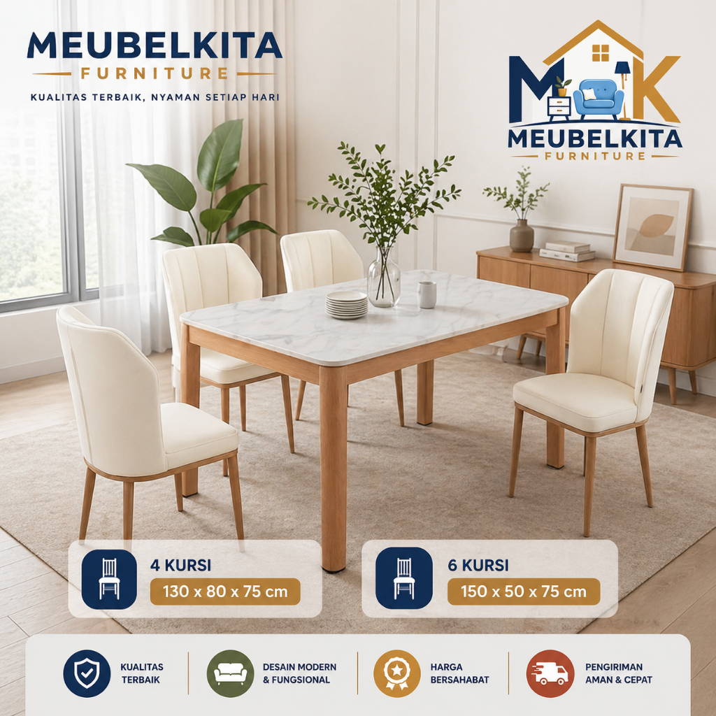 Set Meja Makan Minimalis Premium 4 Kursi / 6 Kursi Marmer Sintetis Modern Elegan Kursi Empuk Meja Ma