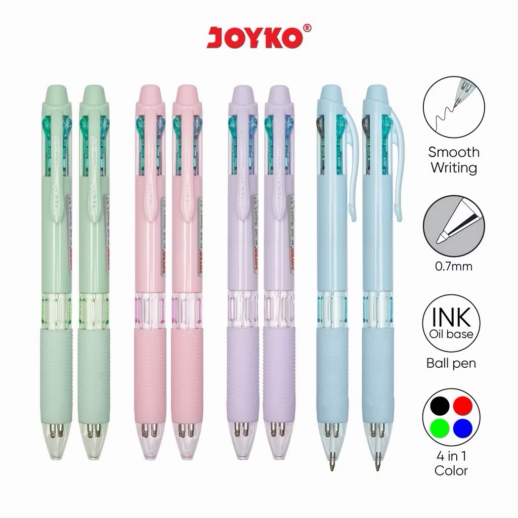 Pulpen 4 Warna Joyko BP-348 1 pak (isi 12) QUACO Pastel Pena Pulpen Warna Warni