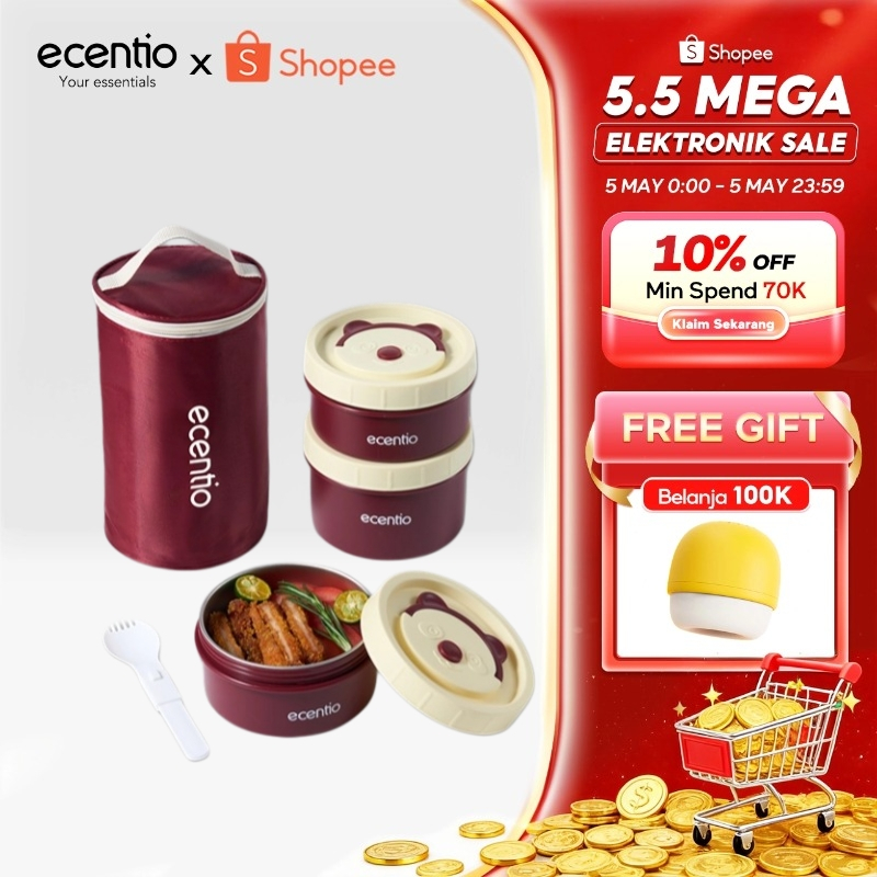 ecentio lunch box tas set 3pcs merah Kotak Makan anti tumpah 304 Stainless Steel tas bekal dan free 
