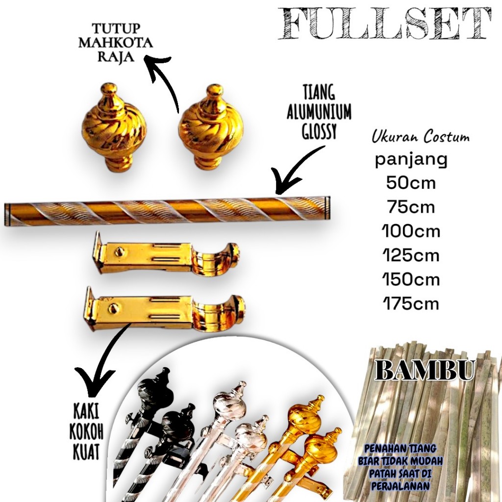 PAKET KOMPLIT_Tiang gorden ulir tutup mahkota raja/Batang gorden fullset tinggal pasang/penyangga go