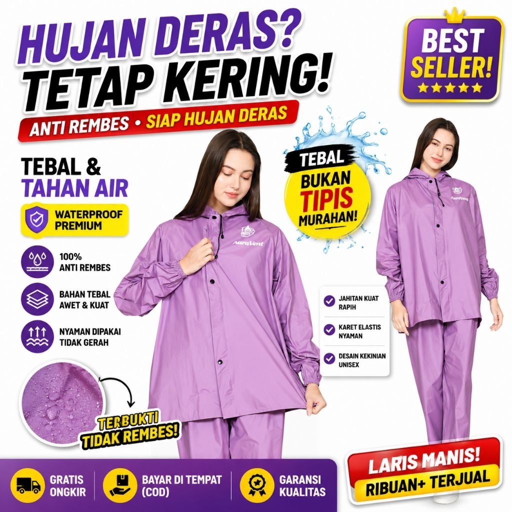 Jas Hujan  AURAVENT Tebal Wanita Pria Anti Drama Rembes dan Sobek