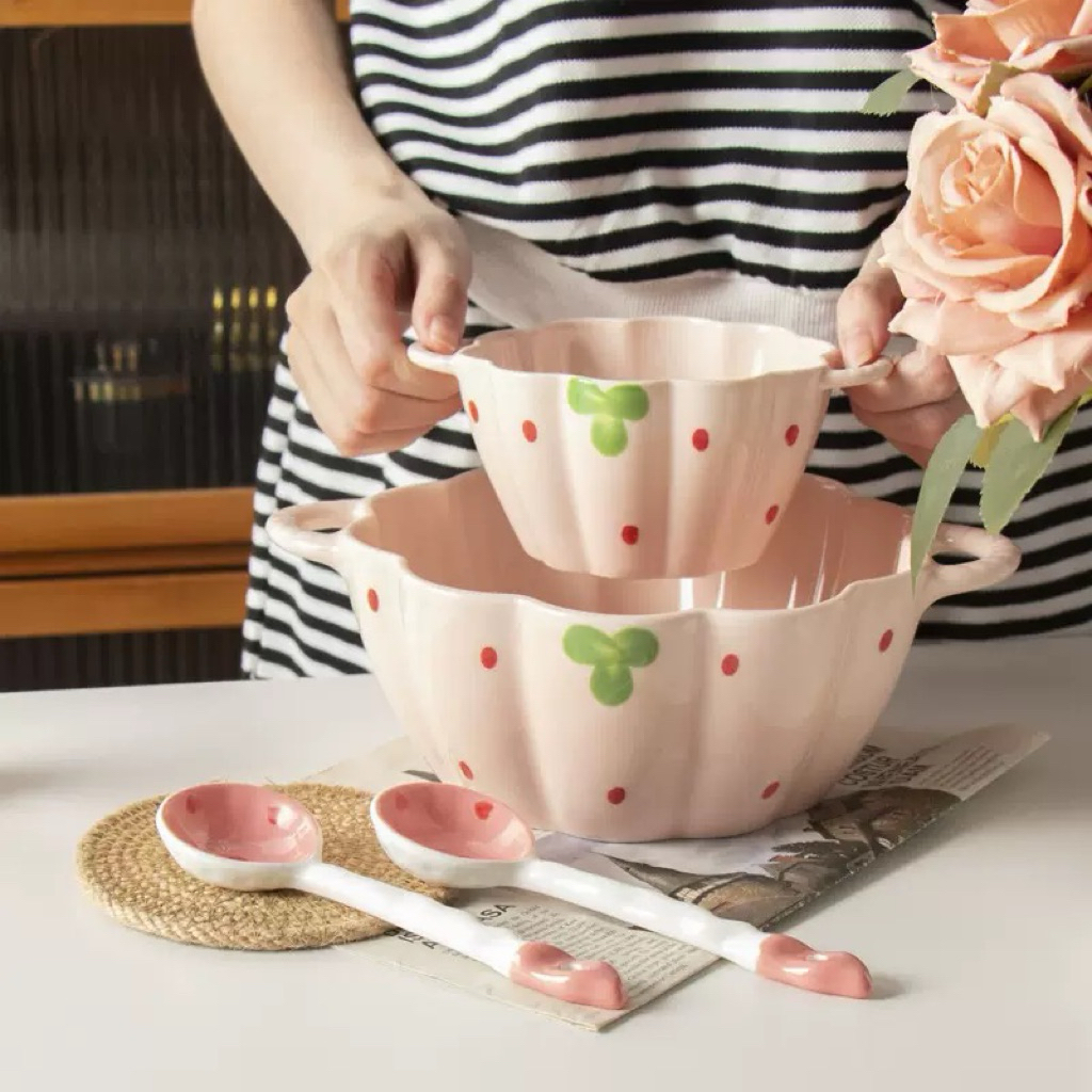 LIVINSTORE Strawcat Series Mangkok Keramik Korea Aesthetic Estetik Putih Bentuk Motif Props Properti