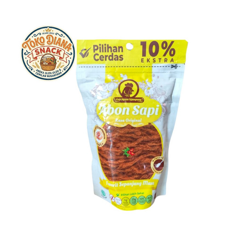 abon sapi cap ayam kampung 110 gram pouch abon sapi cap ayam kampung 200 gram toples