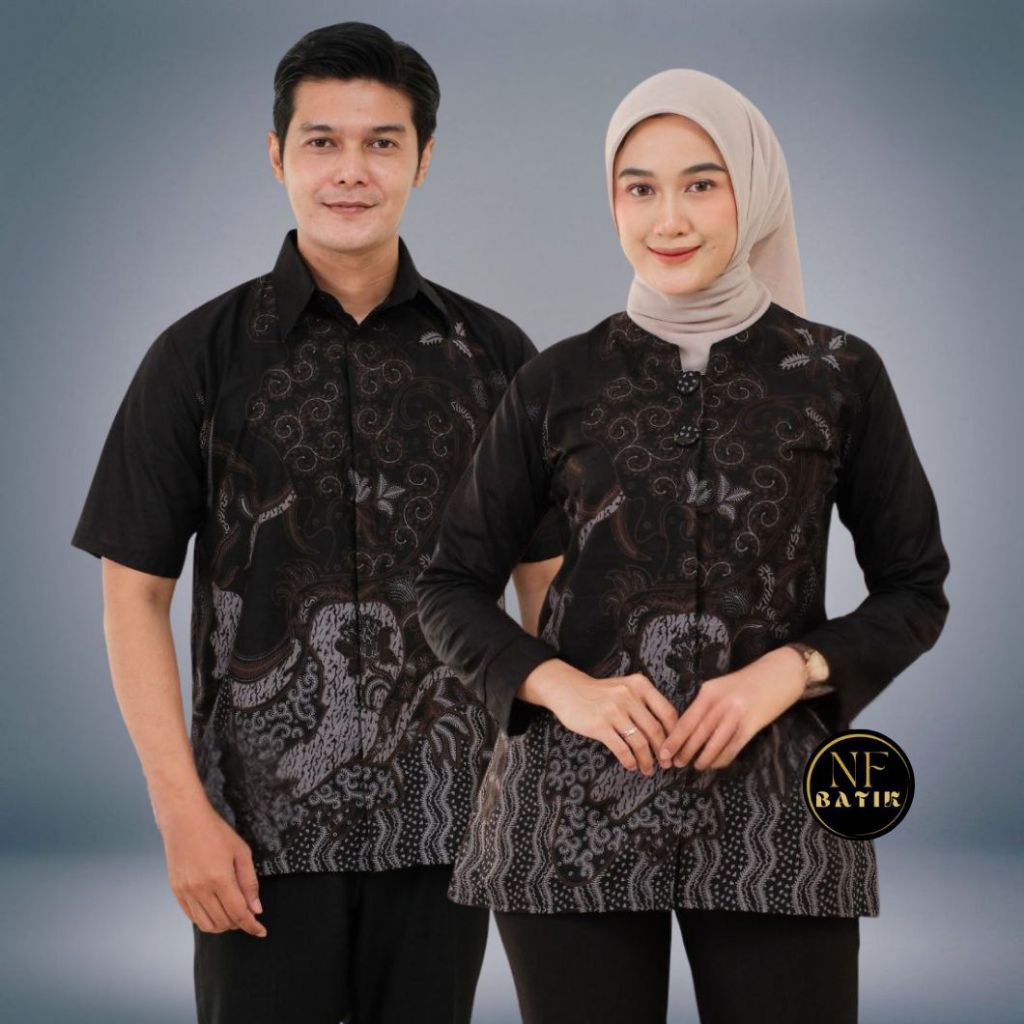 Batik Couple Atasan Blouse Batik Wanita Modern Warna Dasar Hitam | Batik Pria Wanita Elegan Premium 