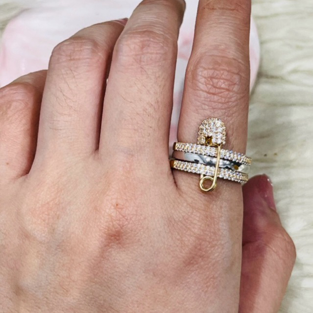 Cincin peniti susun tiga AD simple elegant uk 14 emas asli kadar 700