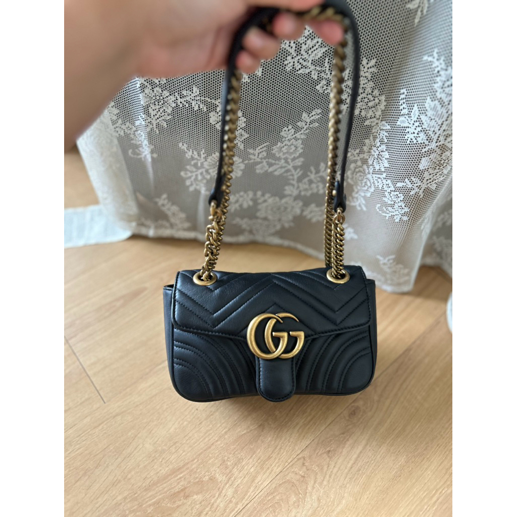 Preloved Gucci GG Marmont 2.0 Small Flap Bag in black matelassé leather