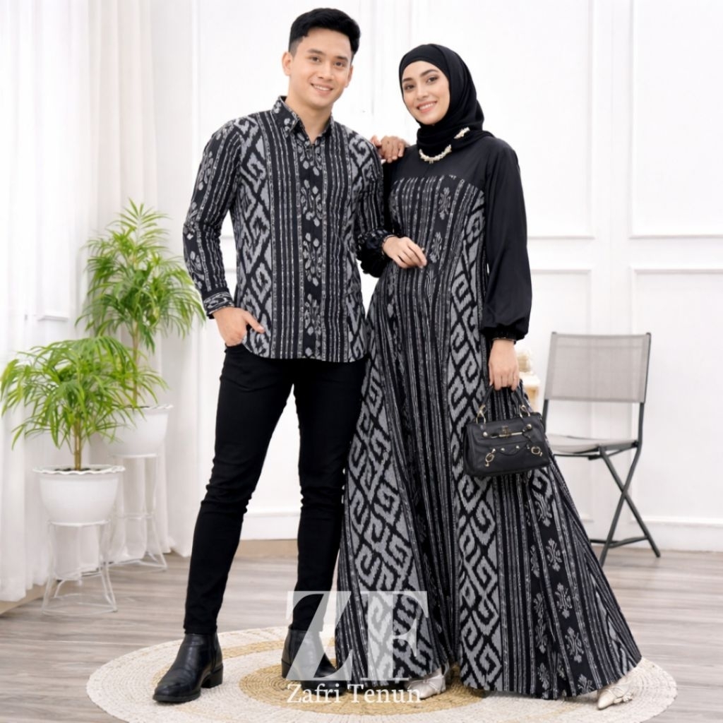 BAJU TENUN COUPLE DRESS SESHA HITAM TENUN COUPLE PASANGAN BAJU KONDANGAN GAMIS JUMBO SARIMBIT COUPLE