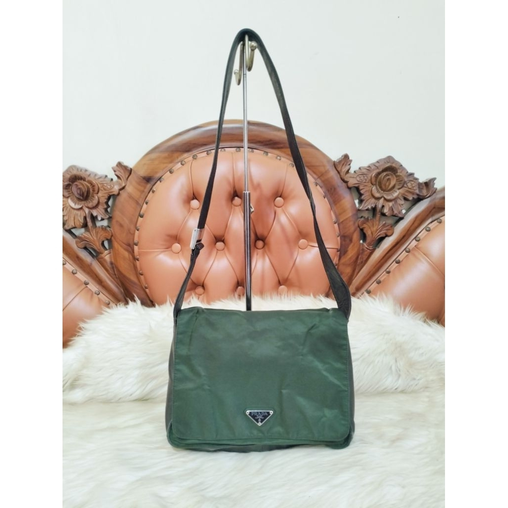 Prada Tessuto Drak Green Brown Nylon Leather Shoulder Bag