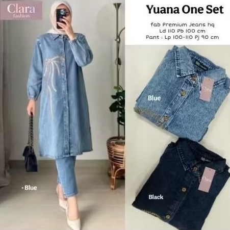 Yuana Set Wanita XL Setelan Jeans Panjang Tunik Kancing Depan Lengan Karet Celana Panjang Pinggang K